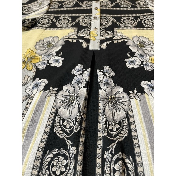 Fig And Flower Floral Tunic Blouse M Black Gray Crepe Boho Cottagecore Career - Picture 6 of 15